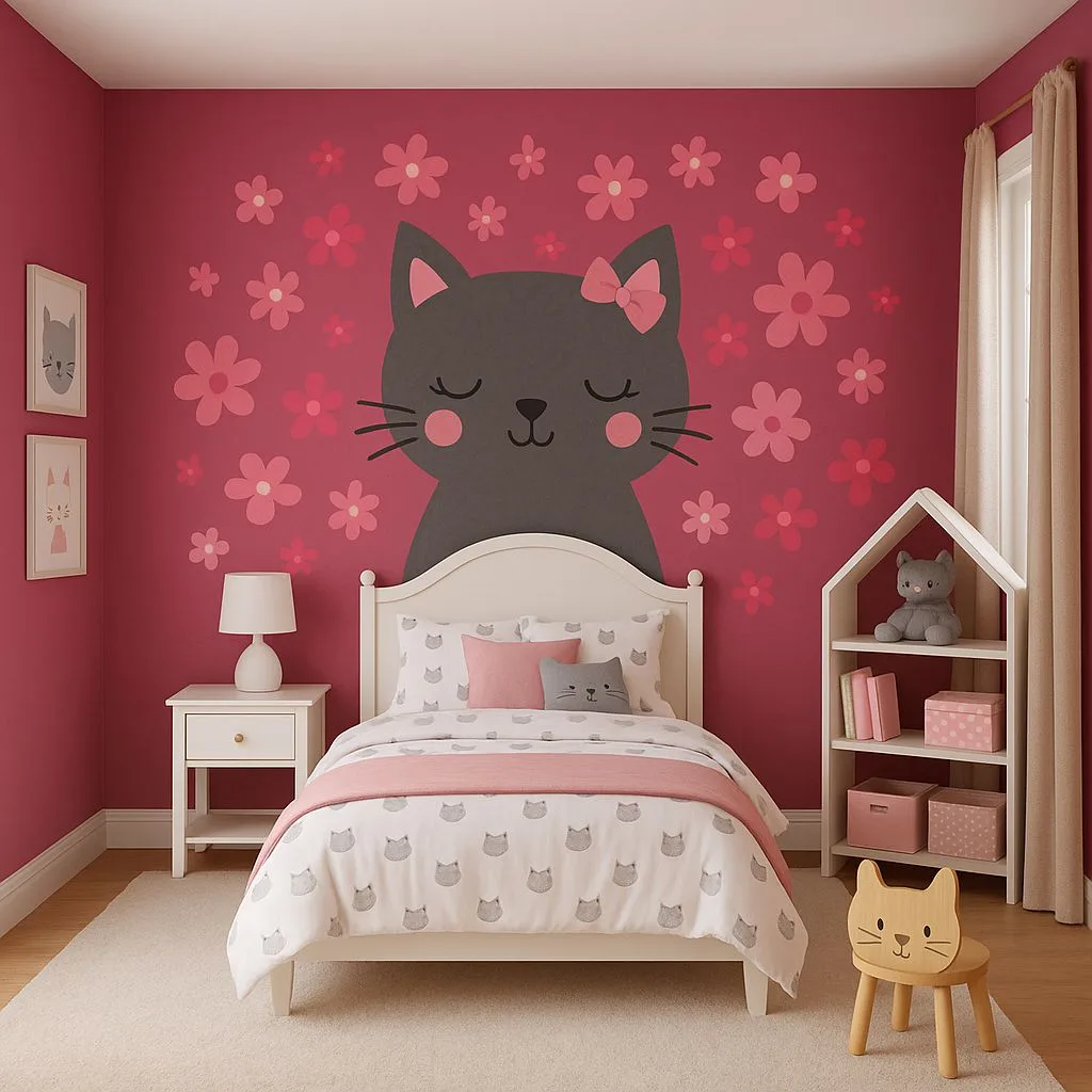 Cute kids bedroom with magenta walls, large cat decal, white wood bed, white nightstand, light wood cat chair, photorealistic interior design photography, 8k
