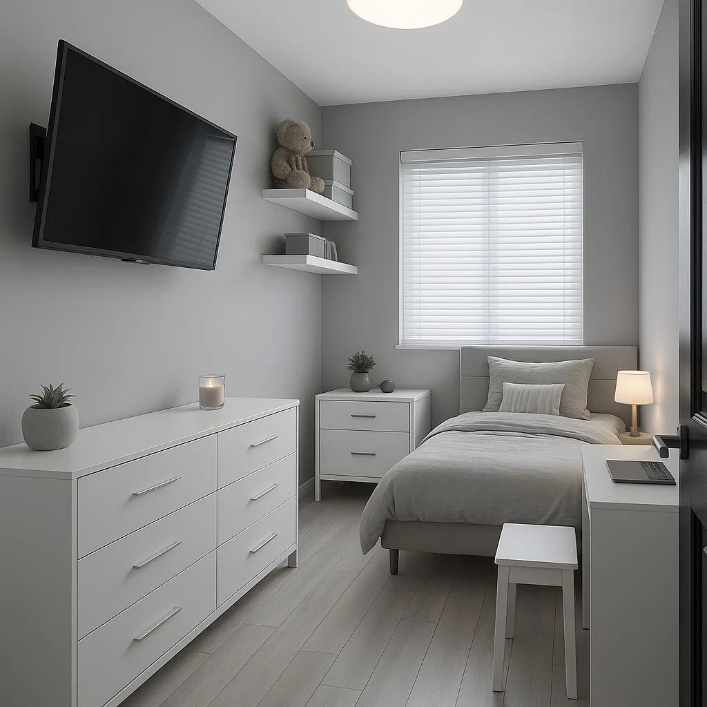 Minimalist small bedroom with light grey walls, white laminate dresser, white nightstand, wood-look vinyl floors, recessed lighting, photorealistic interior design photography, 8k
