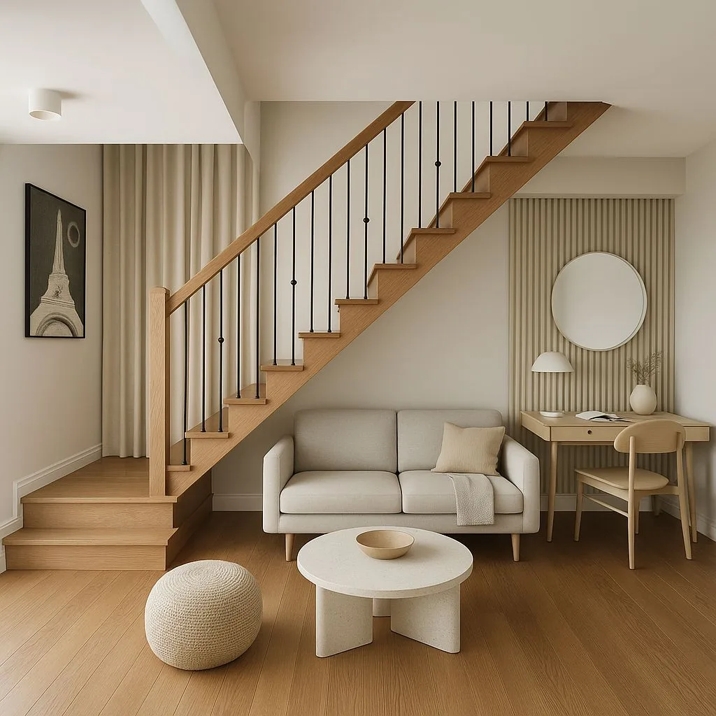 Neutral Scandinavian living room under stairs with light oak staircase, black railings, beige linen sofa, round concrete table, light wood desk, photorealistic interior design photography, 8k