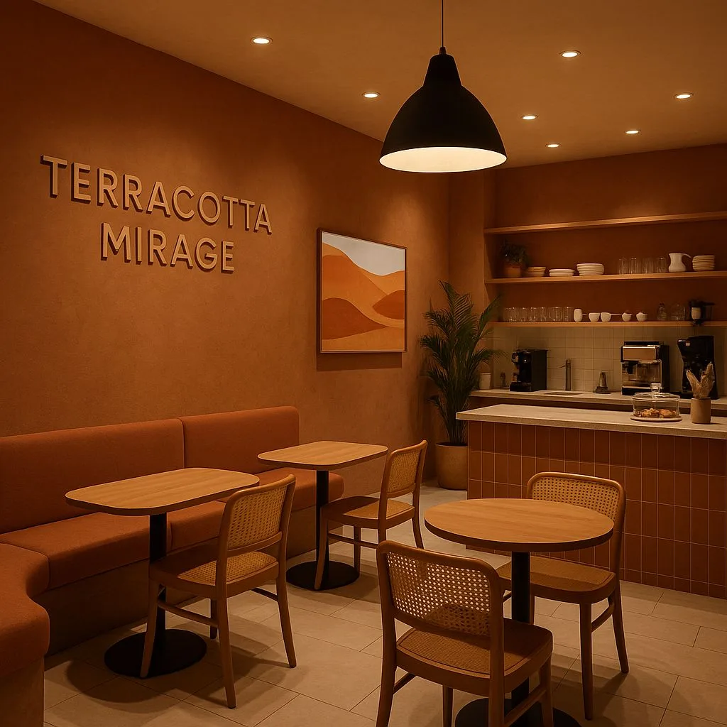 Modern terracotta cafe interior with terracotta walls, light wood tables, woven chairs, built-in banquette, black pendant lighting, photorealistic interior design photography, 8k