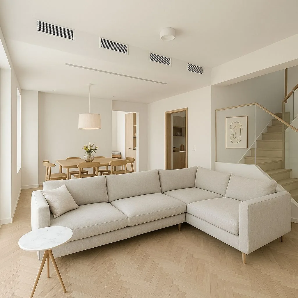 Scandinavian living room with herringbone wood floors, light beige sectional sofa, marble side table, wood dining table, fabric pendant, photorealistic interior design photography, 8k