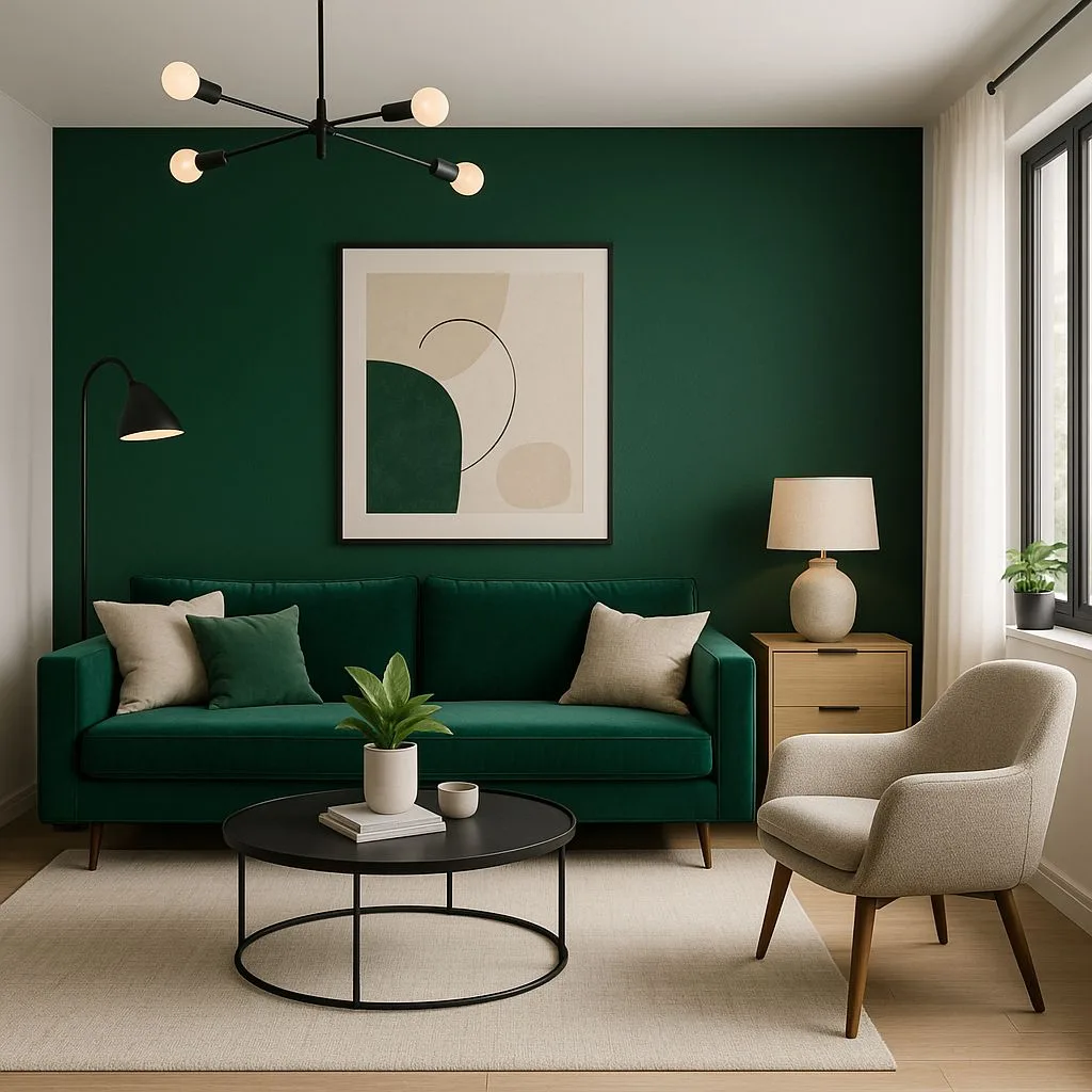 Modern living room with emerald green walls, green velvet sofa, black metal coffee table, beige linen armchair, sputnik chandelier, photorealistic interior design photography, 8k