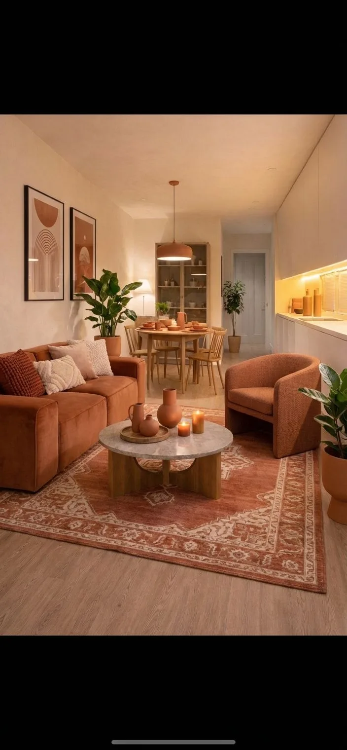 Bohemian modern living room with terracotta sofa, marble coffee table, patterned area rug, wood dining set, ceramic pendant, photorealistic interior design photography, 8k