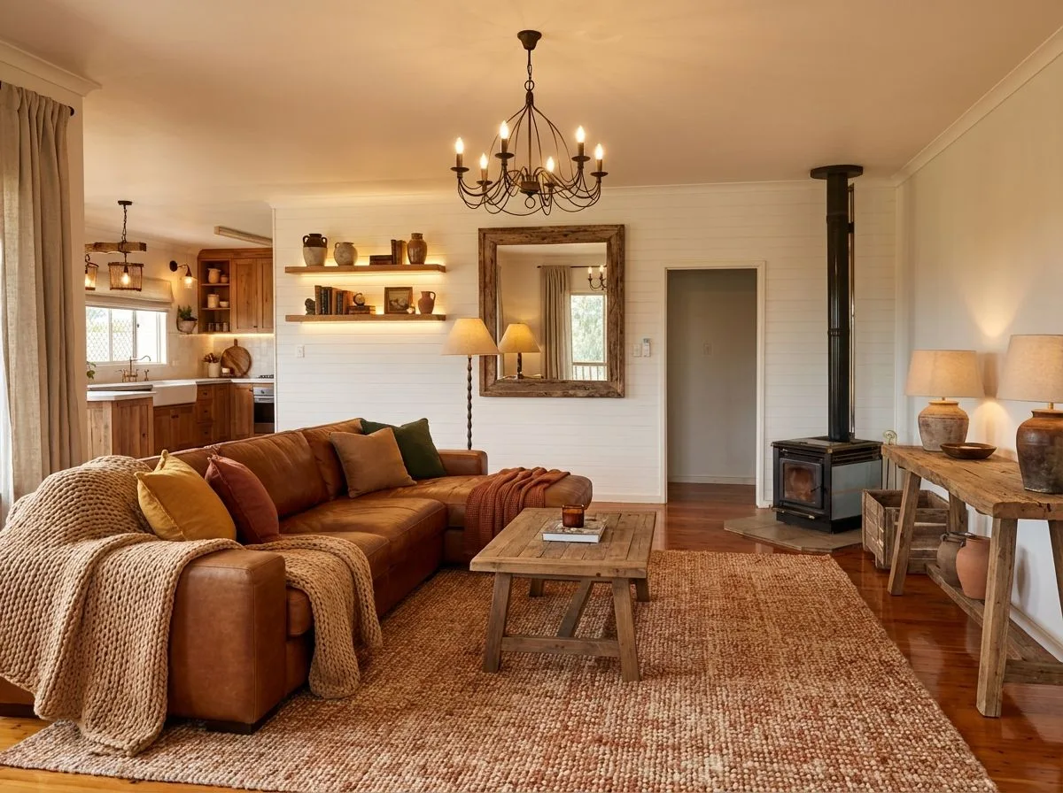 Rustic farmhouse living room with brown leather sectional, jute rug, wood burning stove, reclaimed wood table, iron chandelier, photorealistic interior design photography, 8k
