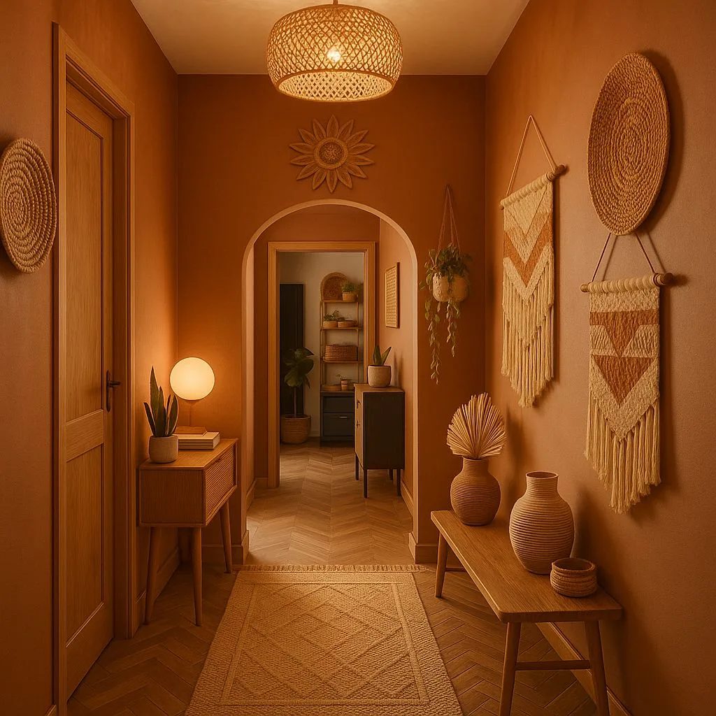 Bohemian hallway with terracotta walls, herringbone wood floors, woven pendant light, macrame wall hangings, wood bench, photorealistic interior design photography, 8k