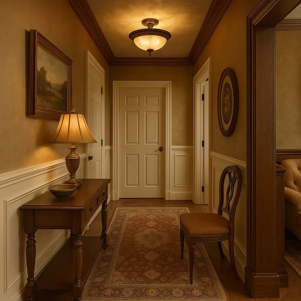 Traditional hallway with beige walls, white wainscoting, dark wood trim, console table with lamp, persian rug, photorealistic interior design photography, 8k