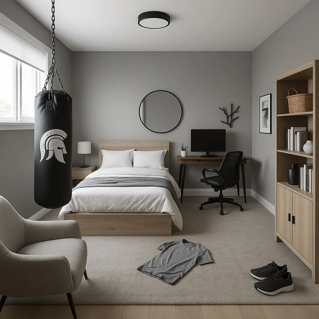 Minimalist gray bedroom with light wood platform bed, white linens, black punching bag, wood desk, black office chair, photorealistic interior design photography, 8k