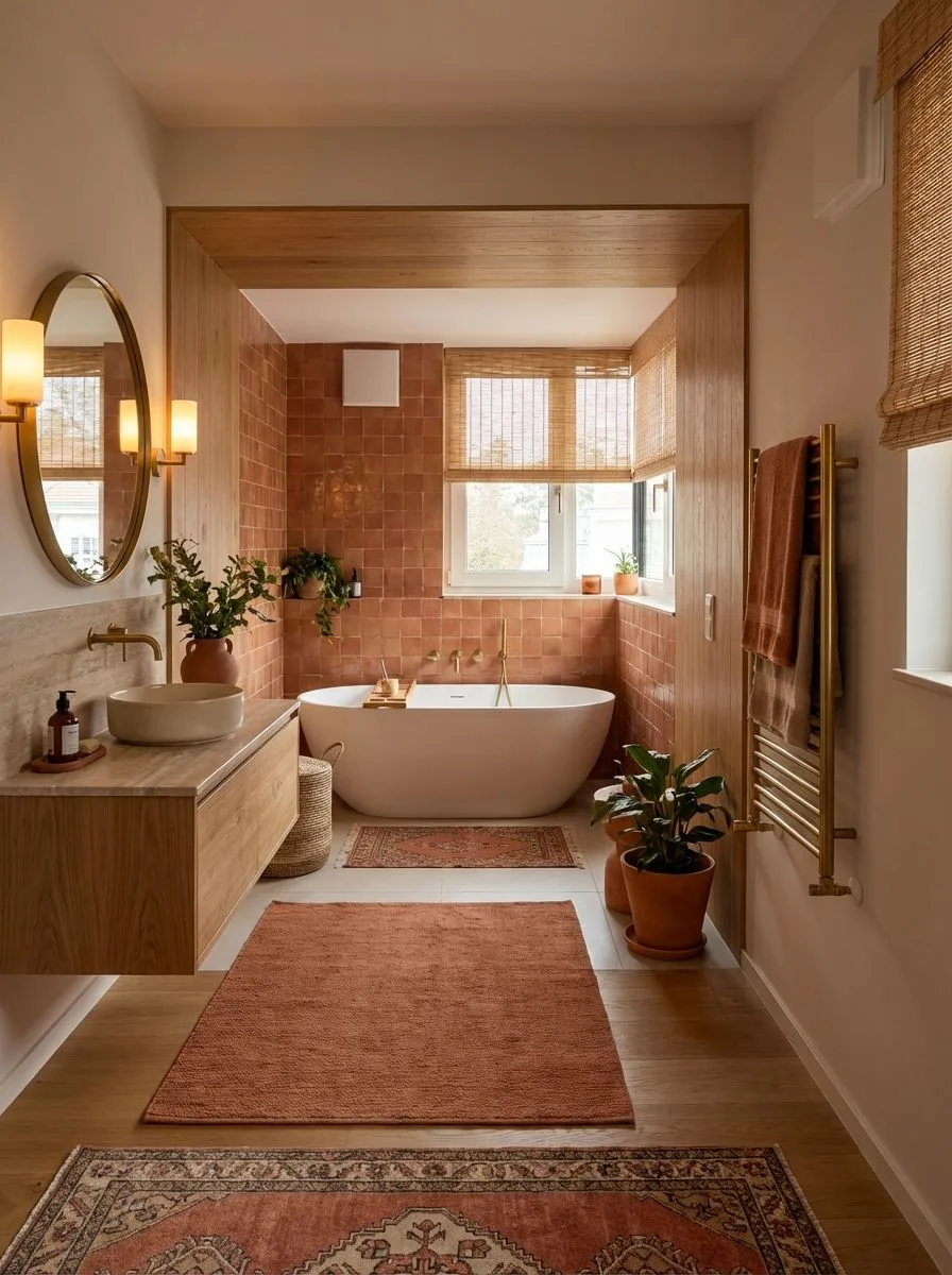 Warm bohemian bathroom with terracotta square tiles, freestanding white tub, light wood vanity, round mirror, brass fixtures, woven blinds, photorealistic interior design photography, 8k