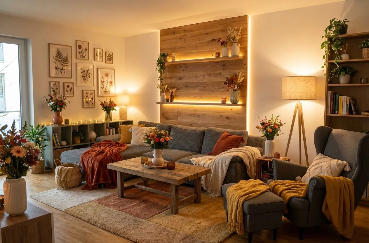 Eclectic living room with grey sectional, reclaimed wood wall, botanical prints, terracotta throw, wood tripod lamp, photorealistic interior design photography, 8k