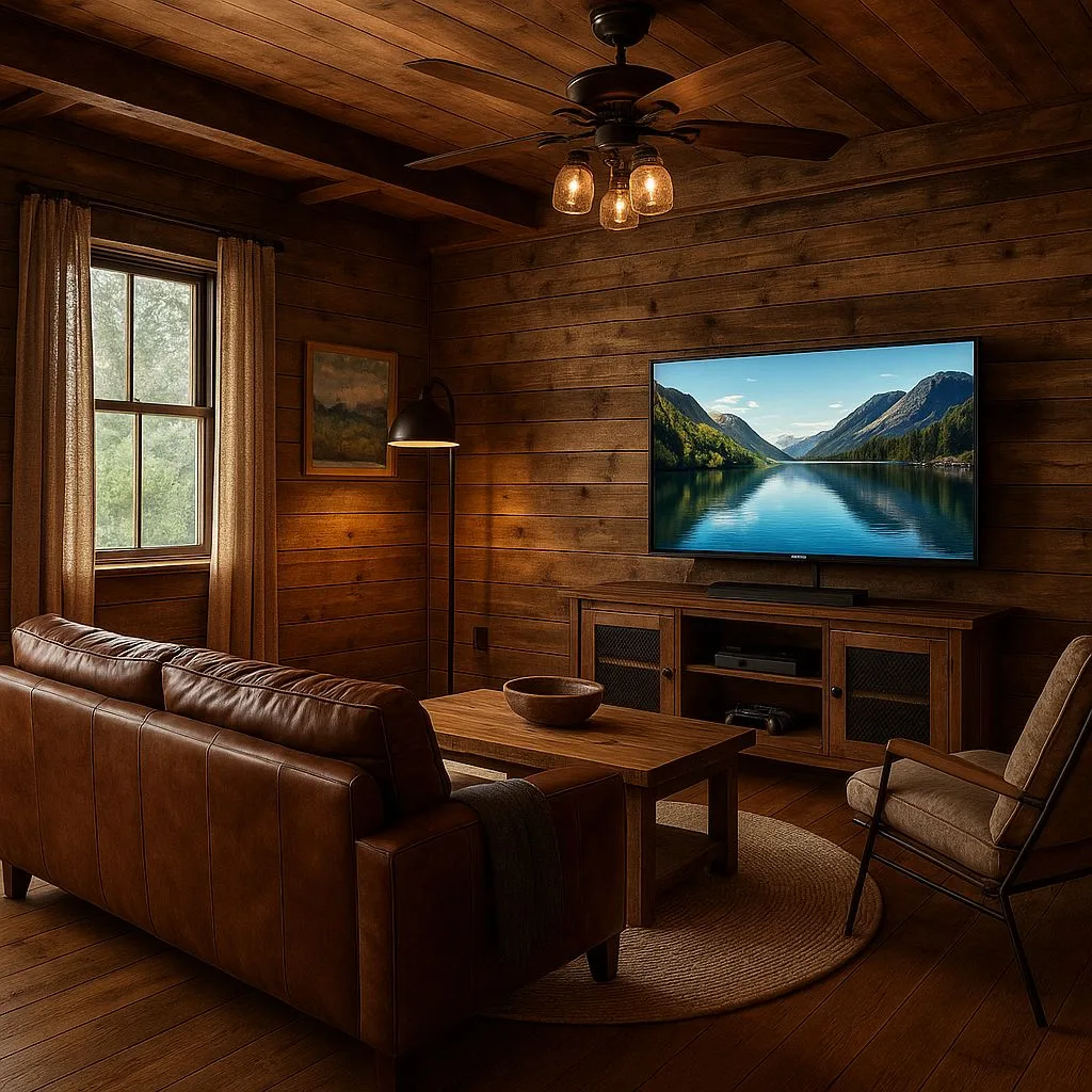 Rustic cabin living room with wood paneled walls, brown leather sofa, wood coffee table, jute rug, edison bulb ceiling fan, photorealistic interior design photography, 8k