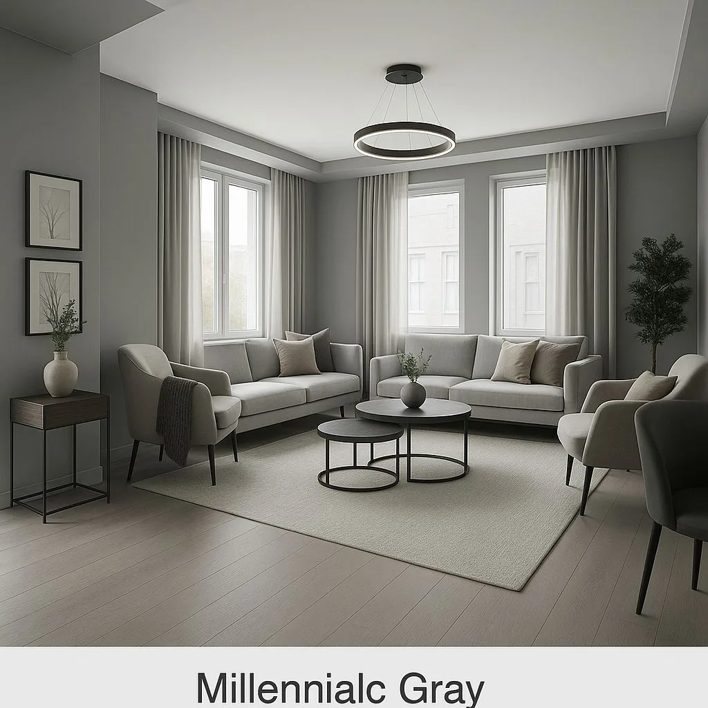 Contemporary gray living room with matching sofas, armchairs, round nesting coffee tables, light wood floors, black ring pendant, photorealistic interior design photography, 8k