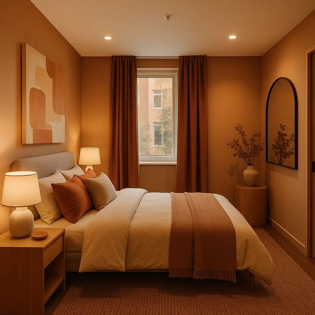 Warm terracotta bedroom with linen bedding, wood nightstands, matching curtains, jute rug, recessed lighting, minimalist artwork, photorealistic interior design photography, 8k