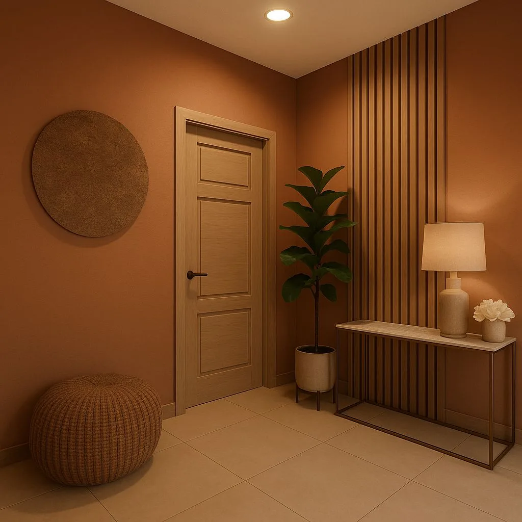 Minimalist modern entryway with terracotta walls, light wood door, slatted wood accent, marble console table, woven ottoman, photorealistic interior design photography, 8k