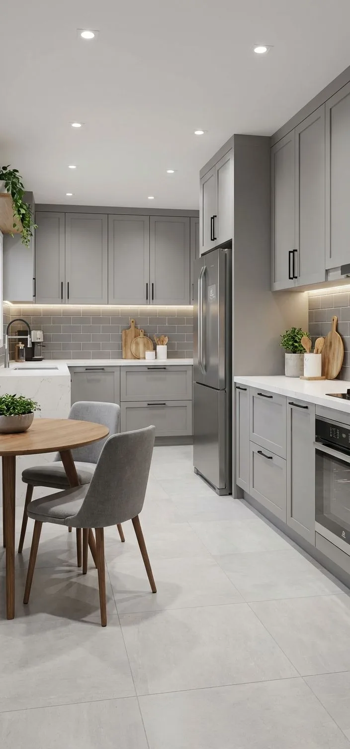 Modern gray kitchen with shaker cabinets, white quartz countertops, subway tile backsplash, stainless steel refrigerator, round wood table, photorealistic interior design photography, 8k