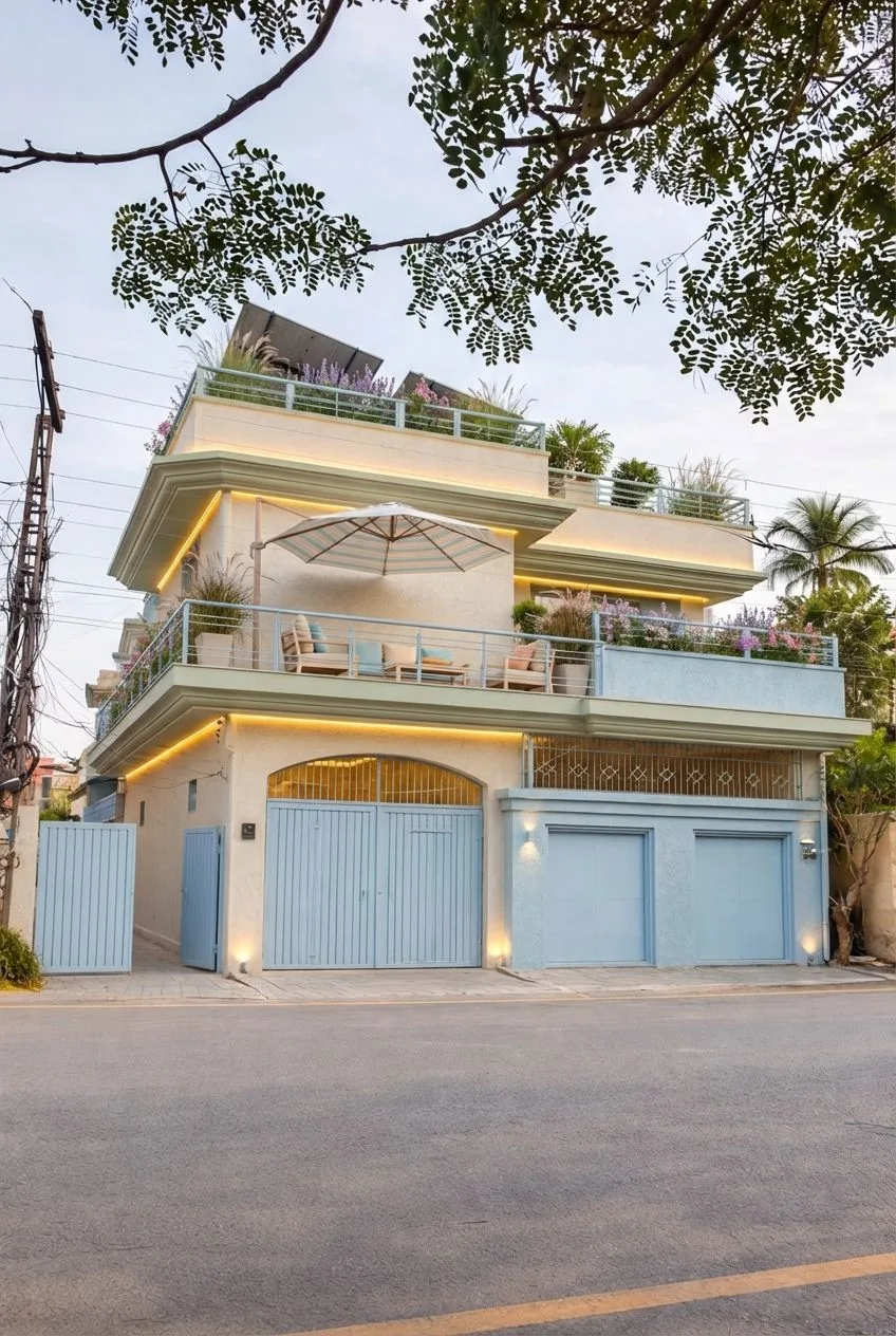 Modern stucco house exterior with light blue trim, matching garage doors, layered balconies with outdoor seating, potted plants, warm accent lighting, photorealistic interior design photography, 8k