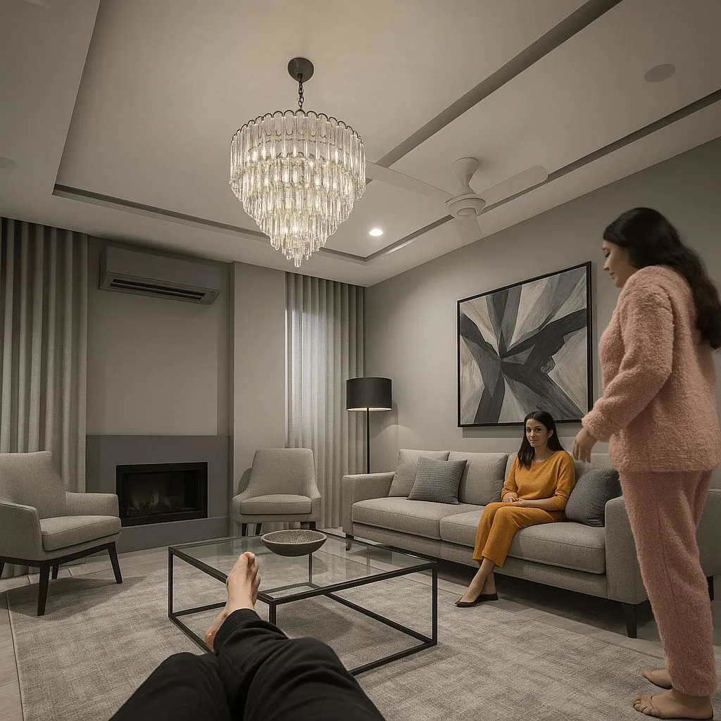 Contemporary gray living room with crystal chandelier, light gray sofa, gray armchairs, black floor lamp, abstract painting, photorealistic interior design photography, 8k