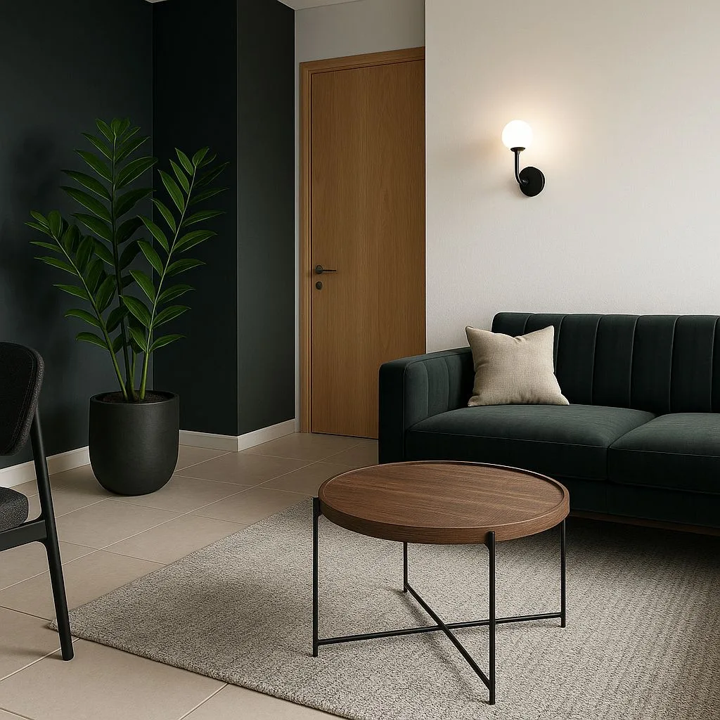 Contemporary living room with dark green accent wall, emerald velvet sofa, round wood coffee table, woven rug, globe sconce, photorealistic interior design photography, 8k