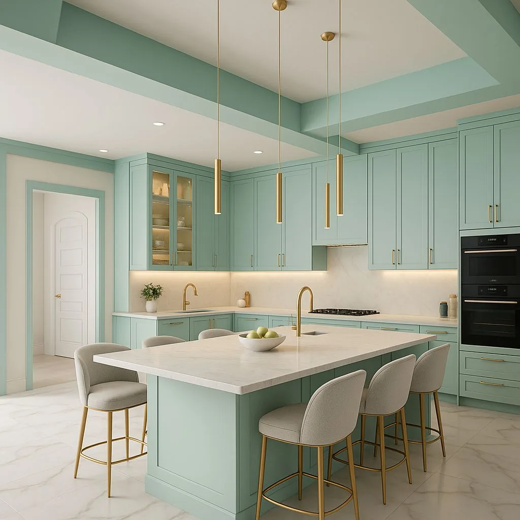 Transitional kitchen with mint green cabinets, white marble countertops, gold hardware, upholstered bar stools, gold pendant lights, photorealistic interior design photography, 8k