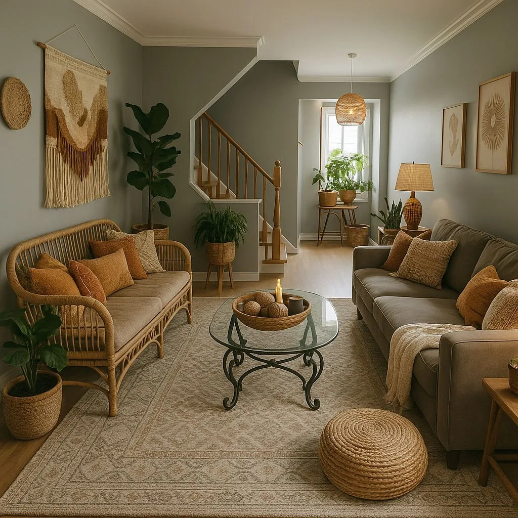 Bohemian living room with sage walls, rattan sofa, patterned rug, glass coffee table, terracotta pillows, woven pendant, photorealistic interior design photography, 8k
