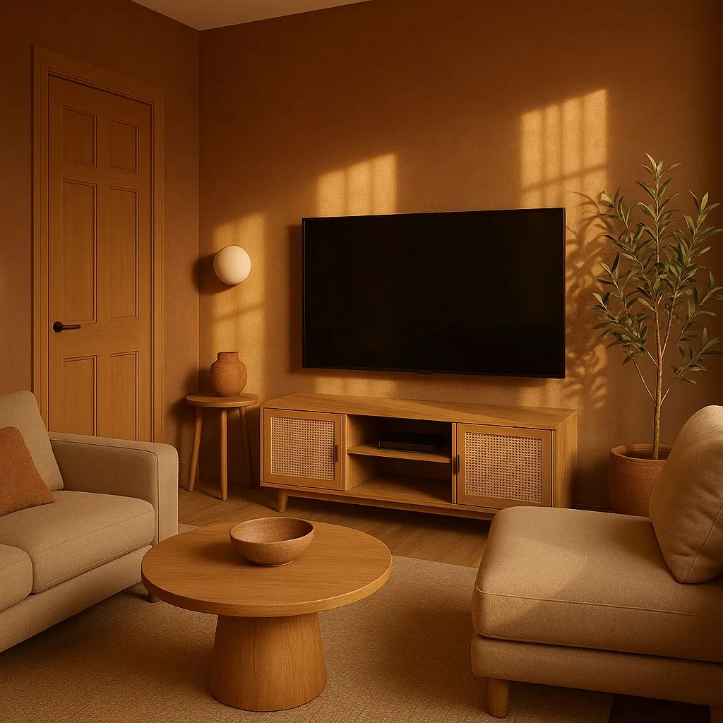 Warm brown Scandinavian living room with light wood tv cabinet, rattan doors, beige linen sofa, round wood coffee table, sphere sconce, photorealistic interior design photography, 8k