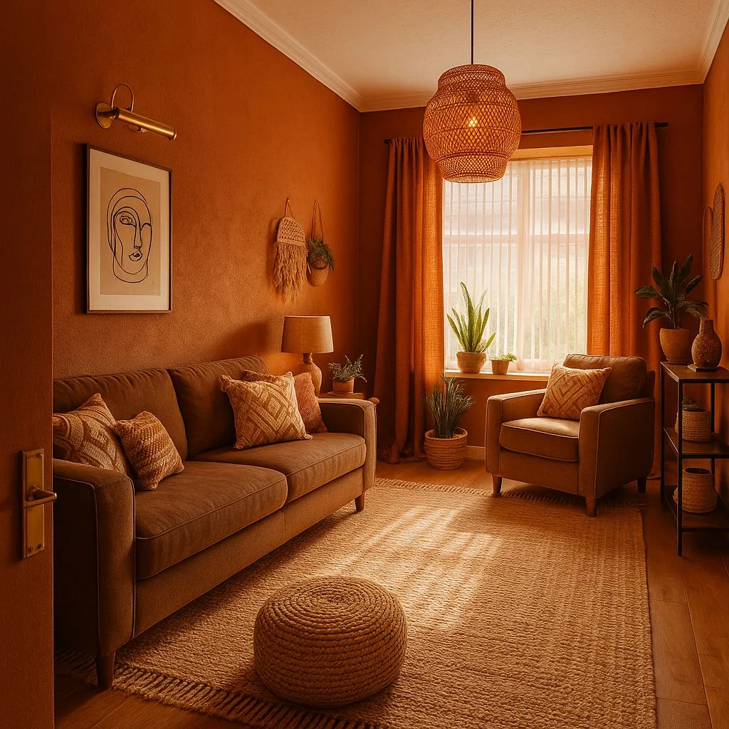 Bohemian terracotta living room with brown sofa, woven pendant light, jute rug, linen curtains, potted plants, photorealistic interior design photography, 8k