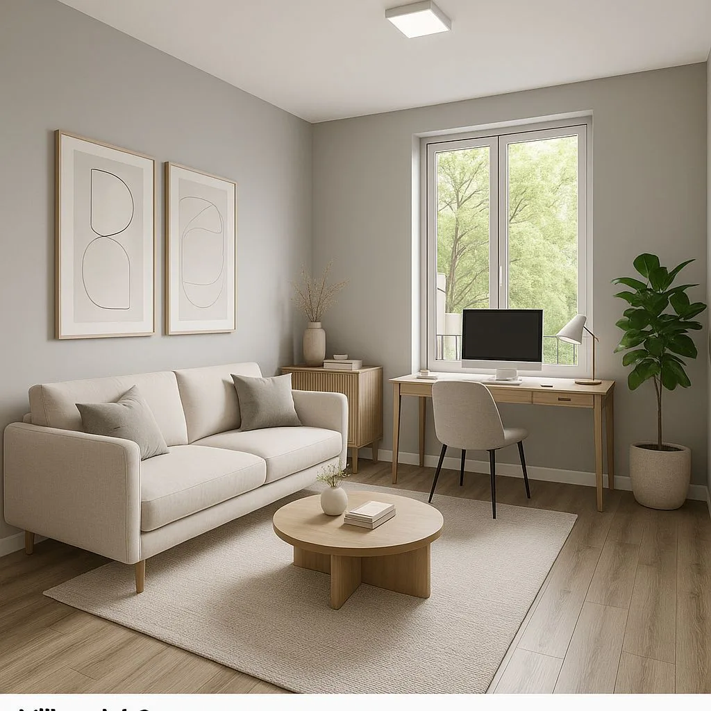 Neutral Scandinavian living room and home office with light wood floors, beige sofa, round coffee table, wood desk, minimalist artwork, photorealistic interior design photography, 8k