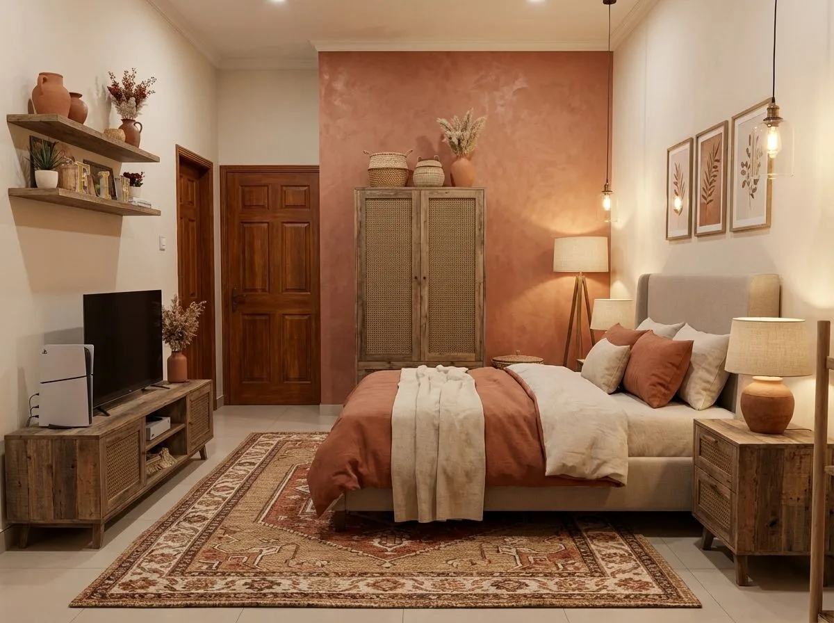 Bohemian bedroom with terracotta accent wall, rustic wood bed, woven cabinet, patterned rug, linen bedding, photorealistic interior design photography, 8k