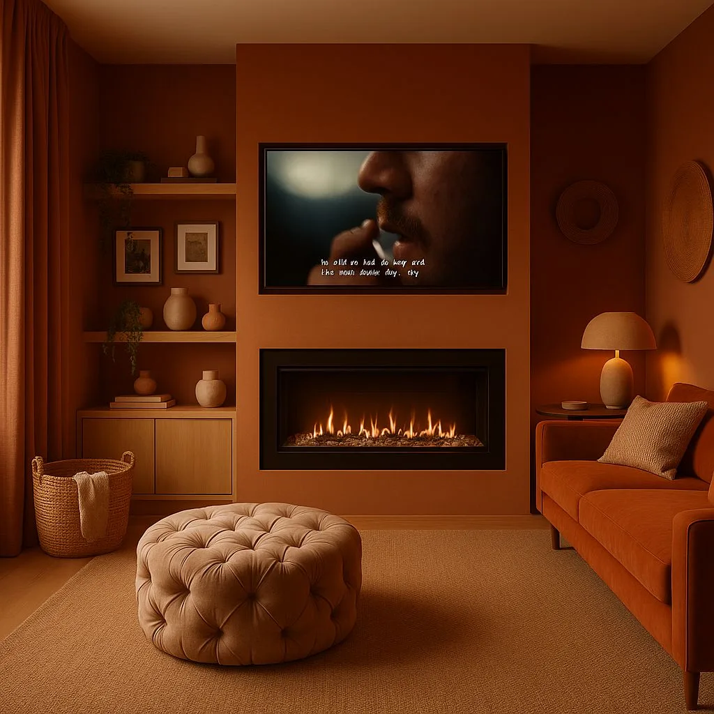 Contemporary terracotta living room with modern fireplace, built-in oak shelves, pottery display, velvet sofa, tufted ottoman, ambient lamp, photorealistic interior design photography, 8k