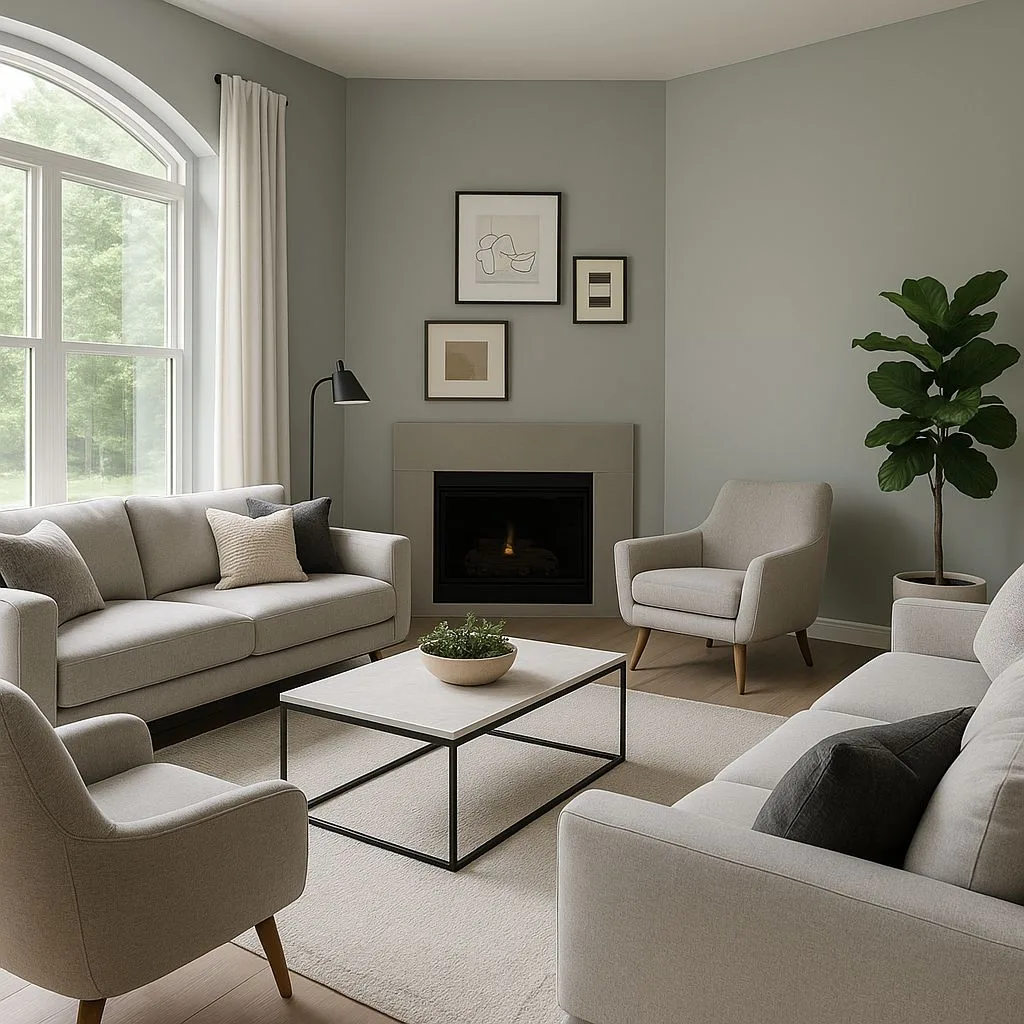 Minimalist living room with sage green walls, light gray sofas, light gray armchairs, black framed marble coffee table, recessed lighting, photorealistic interior design photography, 8k