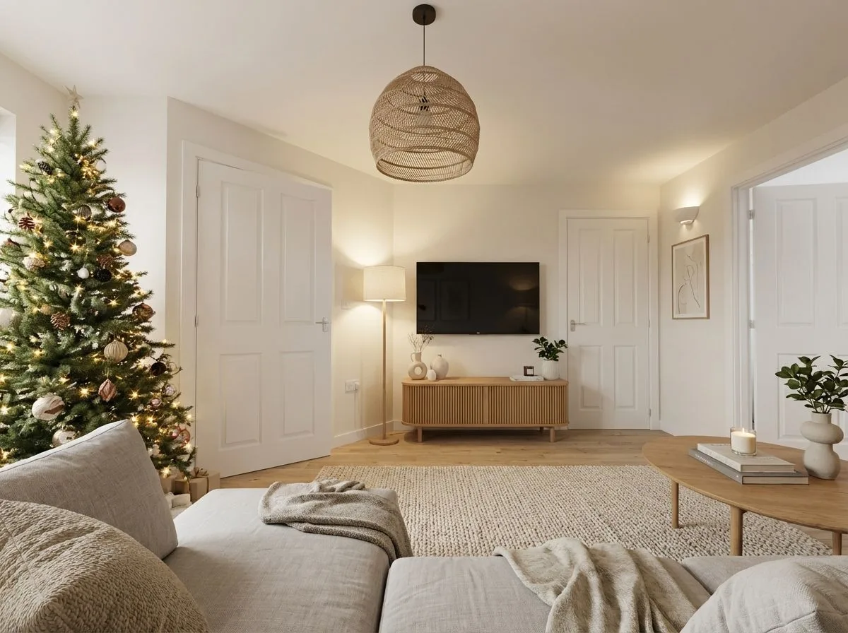 Scandinavian living room with light wood floors, light grey sectional, woven jute rug, rattan pendant light, christmas tree, photorealistic interior design photography, 8k
