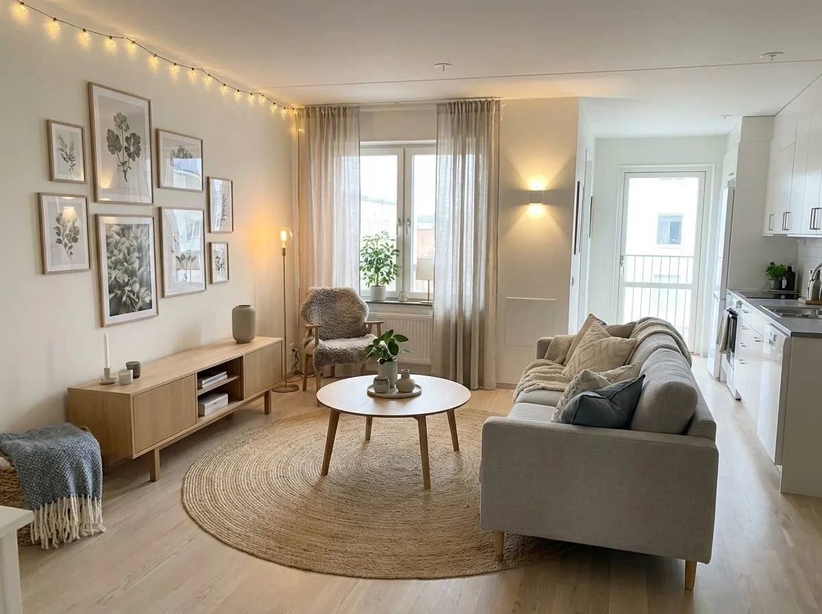 Neutral Scandinavian living room with light wood floors, jute rug, grey linen sofa, botanical prints, sheer curtains, photorealistic interior design photography, 8k