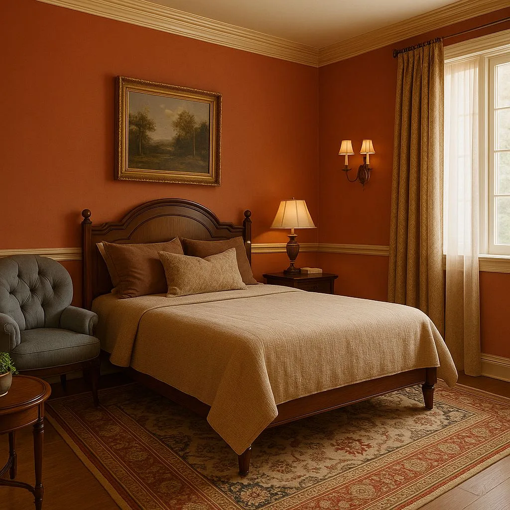 Traditional terracotta bedroom with dark wood bed, beige linen bedding, patterned wool rug, cream trim, sconce lighting, photorealistic interior design photography, 8k