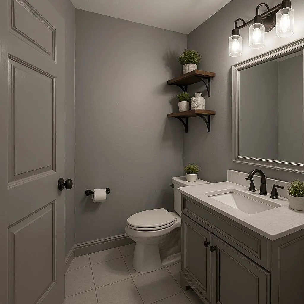 Transitional powder room with gray walls, dark wood shelves, potted plants, white marble countertop, bronze faucet, photorealistic interior design photography, 8k