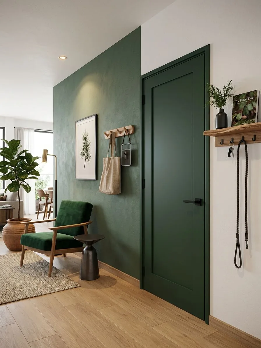 Modern entryway with forest green accent wall and door, light wood floors, woven rug, potted ficus, wood wall hooks, photorealistic interior design photography, 8k