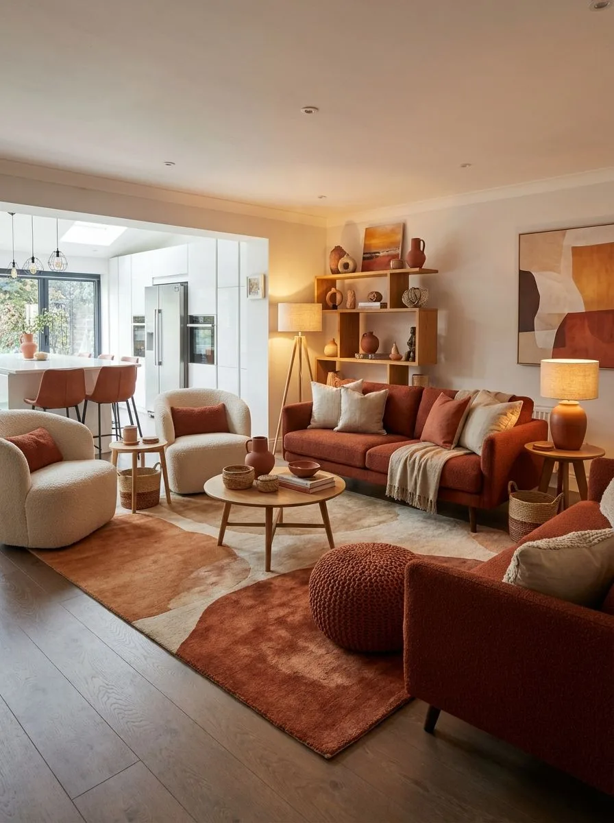 Contemporary living room with terracotta sofa, cream boucle armchairs, wood shelving, round coffee table, abstract rug, wood floor, photorealistic interior design photography, 8k