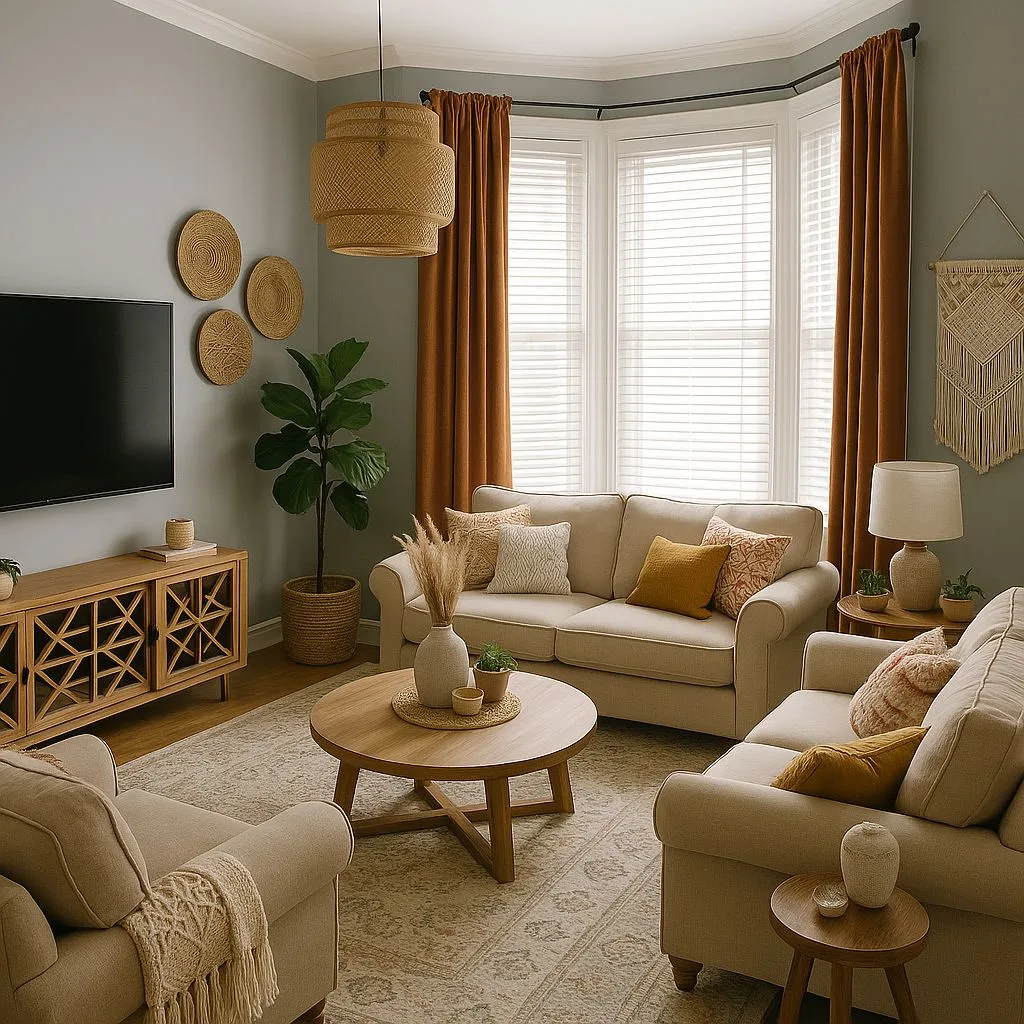 Neutral bohemian living room with beige sofas, round wood coffee table, woven pendant light, terracotta curtains, light gray walls, photorealistic interior design photography, 8k