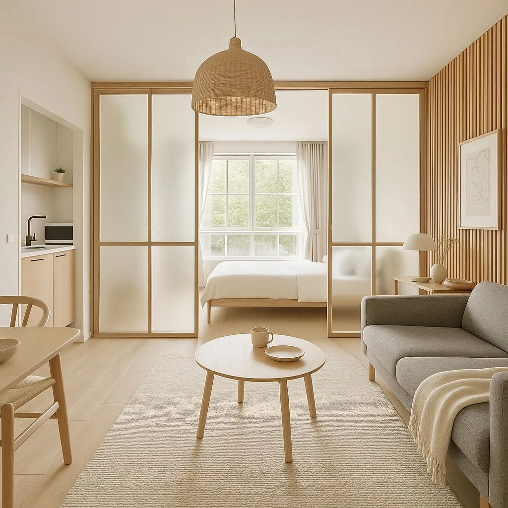 Minimalist Scandinavian studio apartment with light wood floors, gray linen sofa, woven pendant, frosted glass dividers, wood slat wall, photorealistic interior design photography, 8k