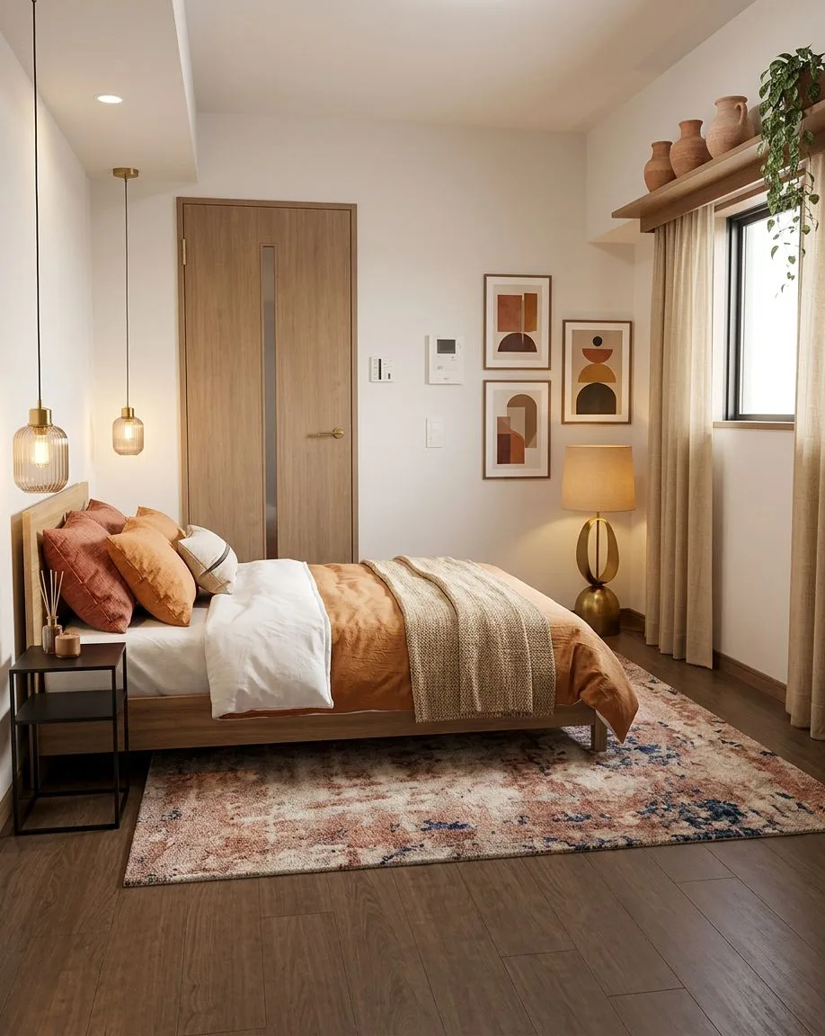 Warm contemporary bedroom with light wood platform bed, terracotta and white bedding, abstract art prints, patterned area rug, brass pendant lights, photorealistic interior design photography, 8k