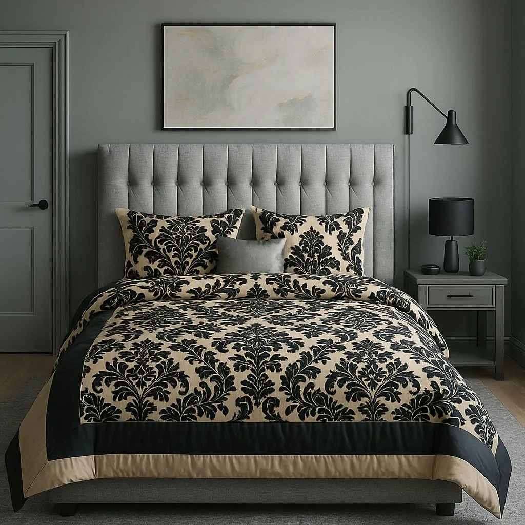 Transitional bedroom with grey tufted headboard, damask bedding, grey walls, black sconce, grey nightstand, photorealistic interior design photography, 8k