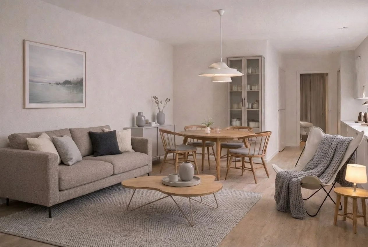 Scandinavian living room with light wood floors, linen sofa, round wood table, grey accents, white pendant, photorealistic interior design photography, 8k