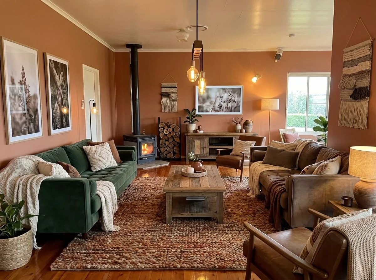 Rustic living room with terracotta walls, wood burning stove, green velvet sofa, brown leather armchairs, reclaimed wood coffee table, textured rug, photorealistic interior design photography, 8k