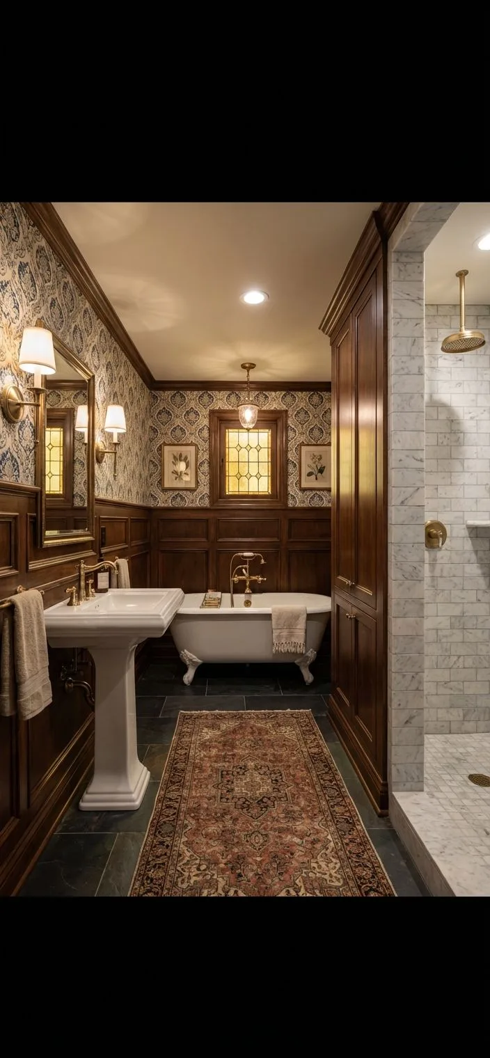 Traditional bathroom with dark wood paneling, patterned wallpaper, white pedestal sink, clawfoot tub, brass fixtures, vintage rug, photorealistic interior design photography, 8k