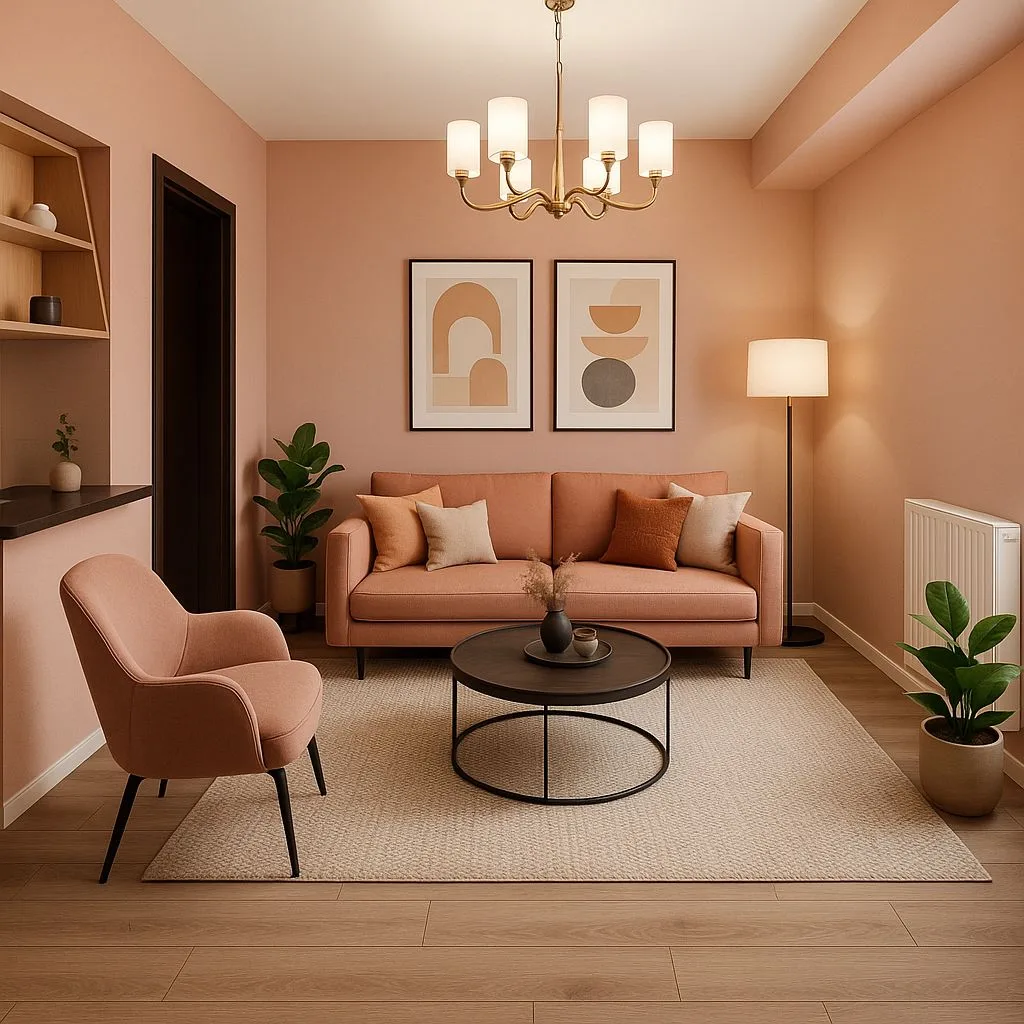 Contemporary living room with dusty rose walls, light wood floors, woven rug, fabric sofa, black coffee table, brass chandelier, photorealistic interior design photography, 8k