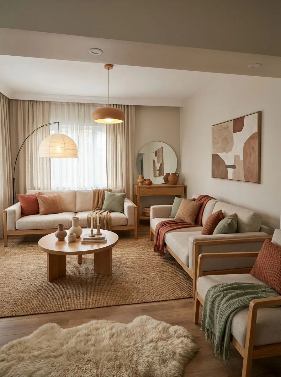 Neutral Scandinavian living room with light wood frame sofas, jute rug, beige curtains, terracotta pillows, wood pendant light, photorealistic interior design photography, 8k