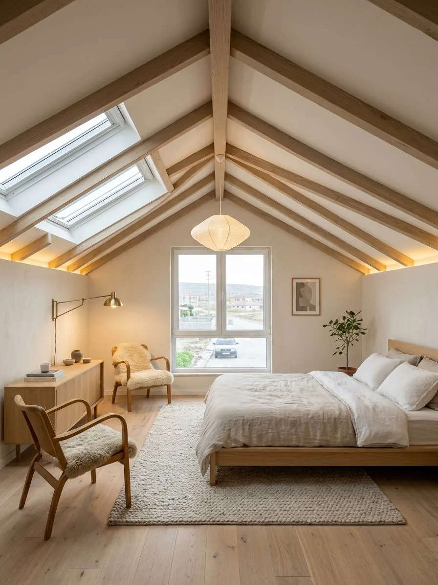 Scandinavian bedroom with exposed wood beam ceiling, skylights, light oak floors, linen bedding, sheepskin chairs, paper lantern pendant, photorealistic interior design photography, 8k