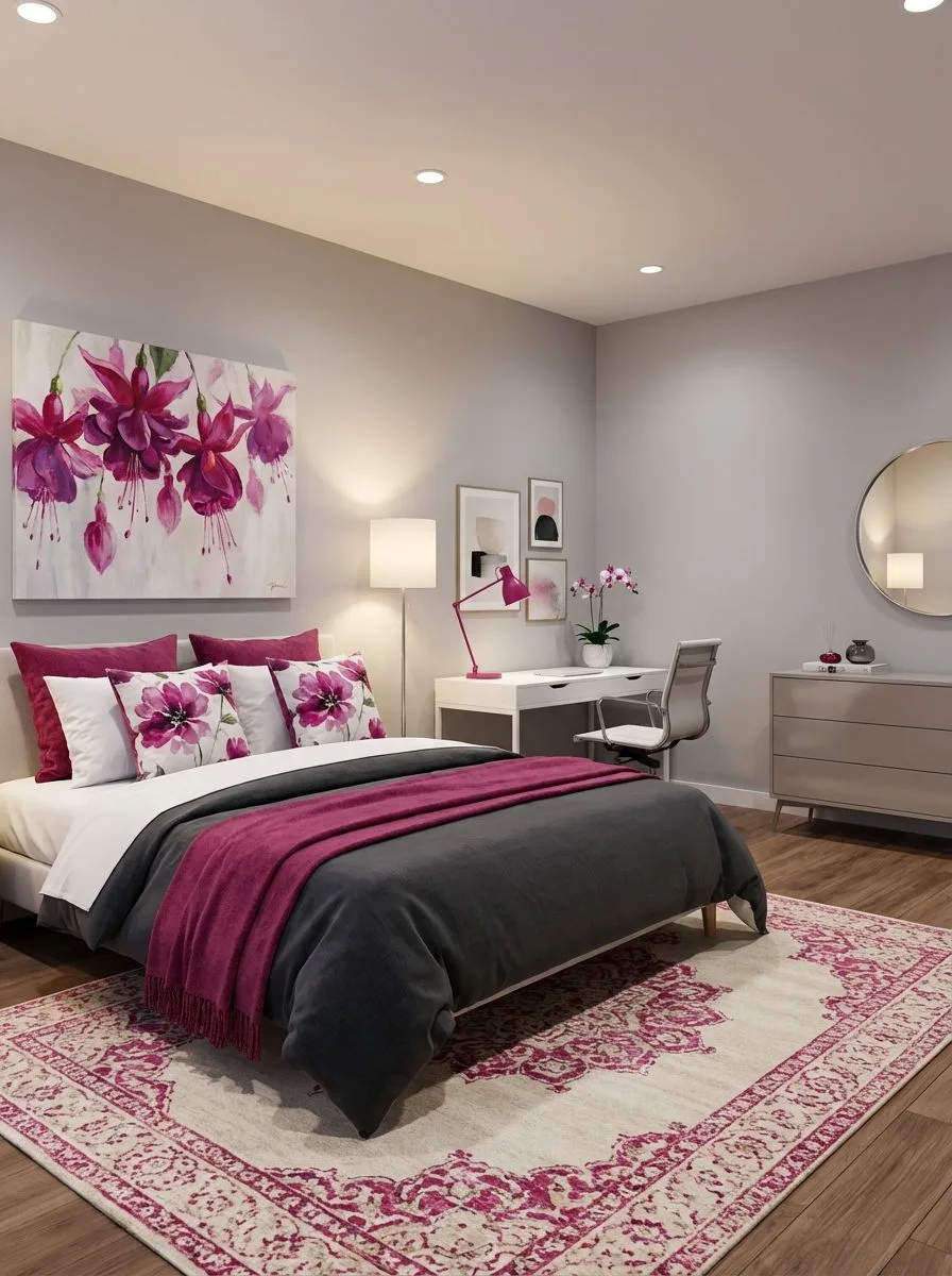 Contemporary bedroom with light gray walls, hardwood floors, white desk, gray dresser, pink accents, floral artwork, recessed lighting, photorealistic interior design photography, 8k