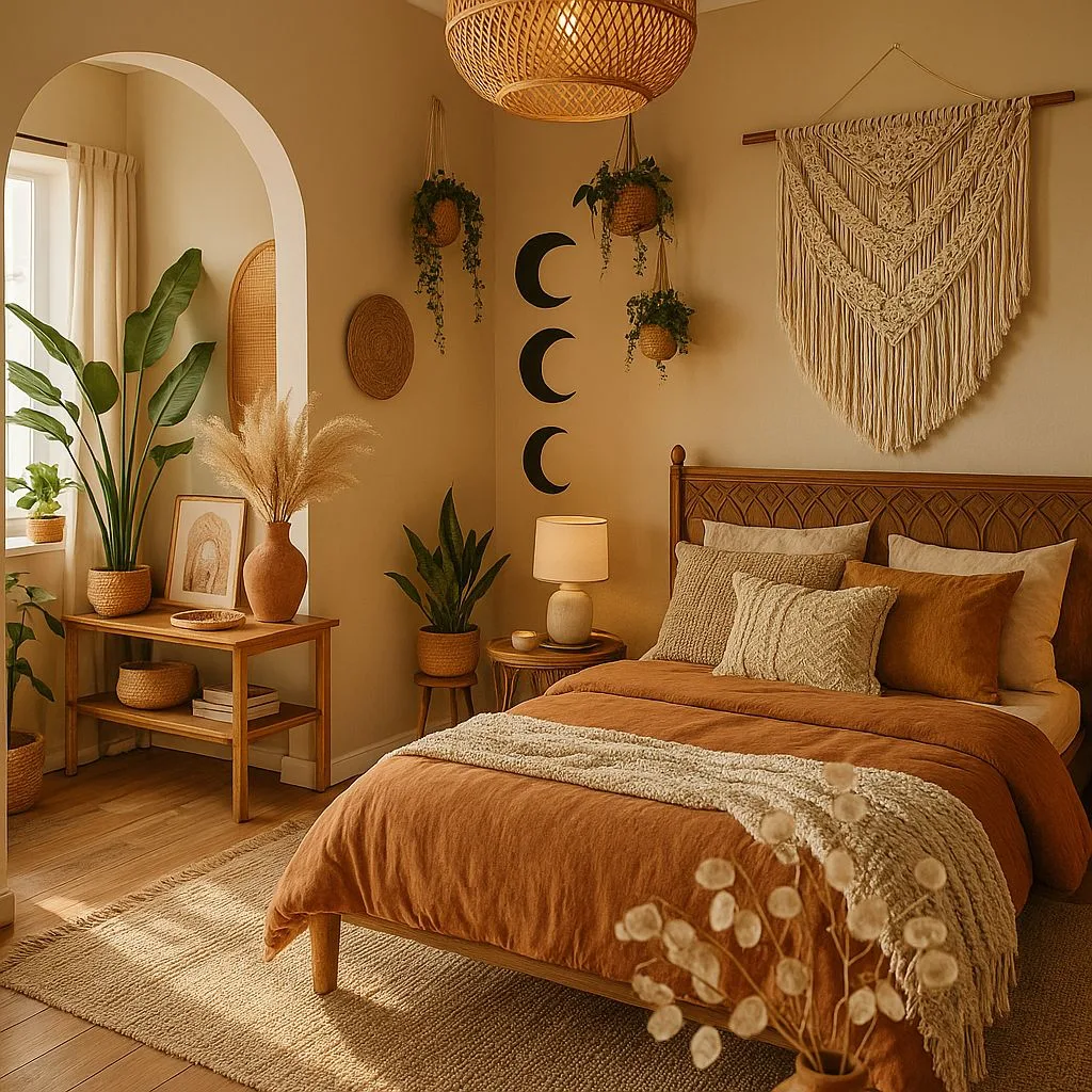 Warm beige bohemian bedroom with carved wood bedframe, terracotta bedding, macrame wall hanging, woven rug, rattan pendant, indoor plants, photorealistic interior design photography, 8k