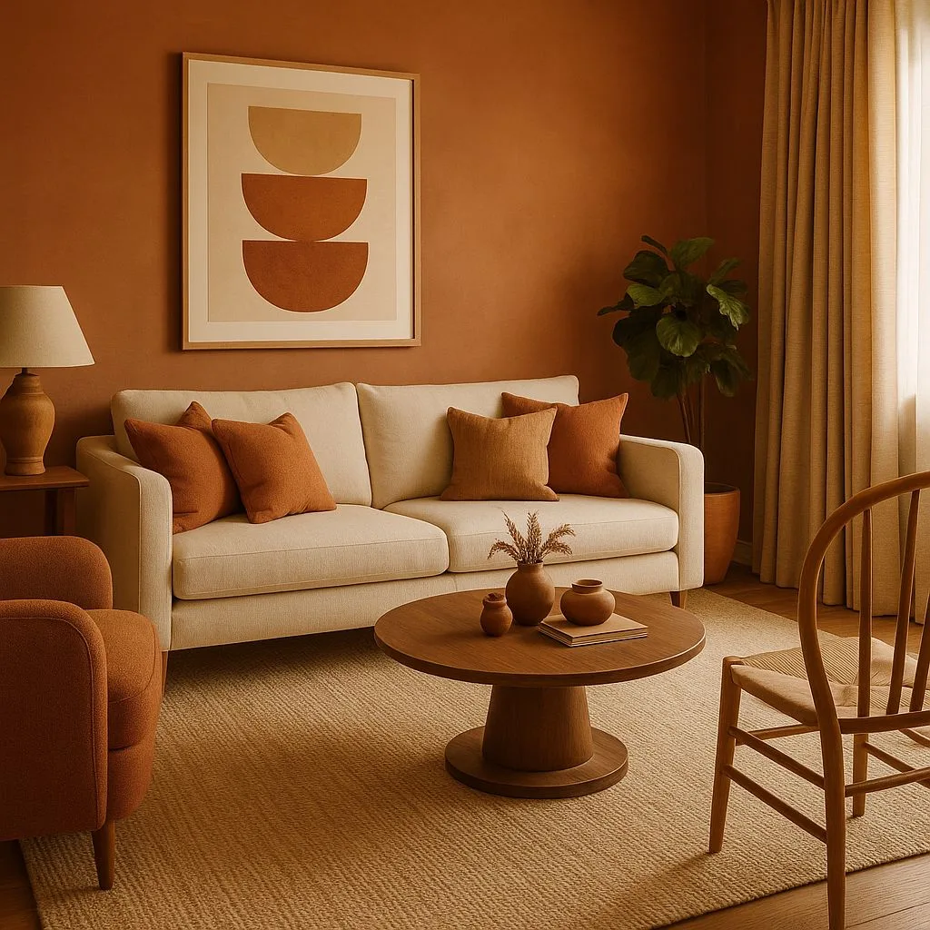 Warm terracotta living room with off-white linen sofa, rust throw pillows, round wood coffee table, jute rug, wood spindle chair, photorealistic interior design photography, 8k