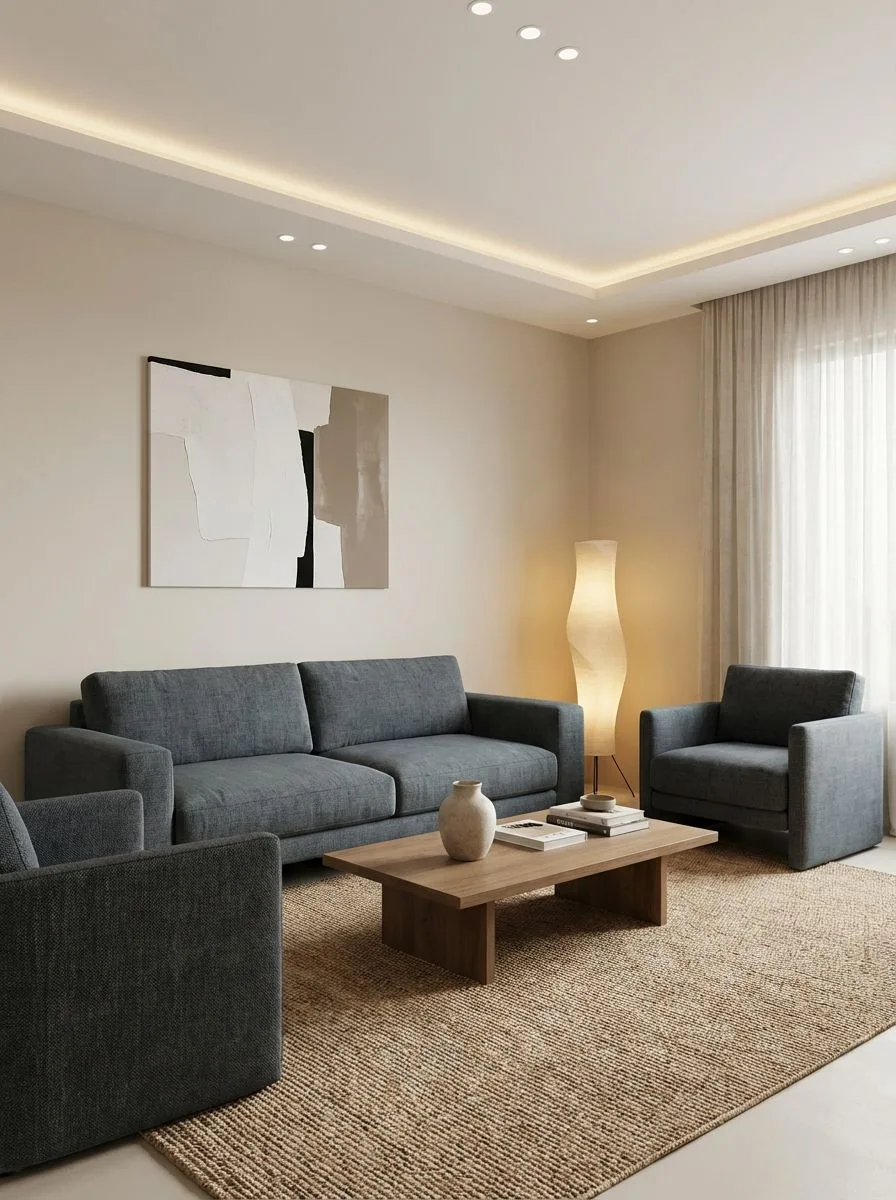 Neutral modern living room with gray fabric sofa, gray armchairs, light wood coffee table, jute rug, sheer curtains, photorealistic interior design photography, 8k