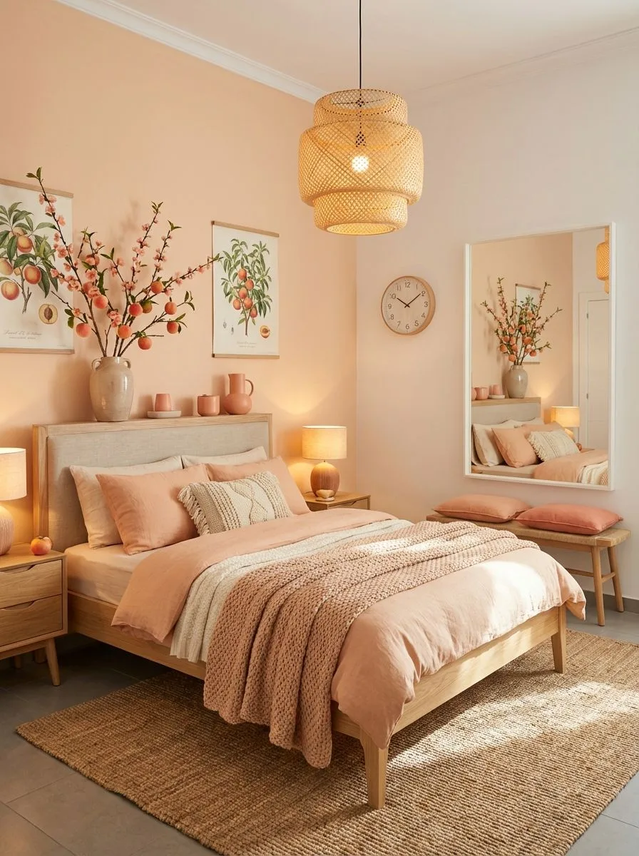 Scandinavian bedroom with peach walls, light wood bed frame, linen bedding, jute rug, rattan pendant, photorealistic interior design photography, 8k